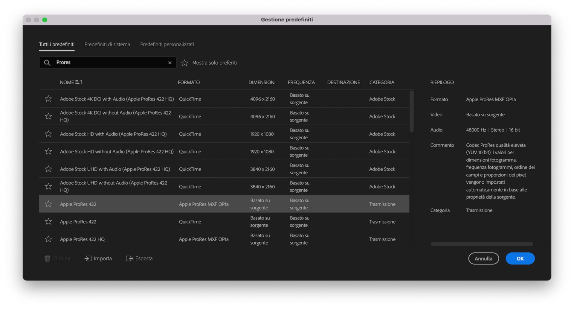 Gestione predefiniti di esportazione in Premiere Pro