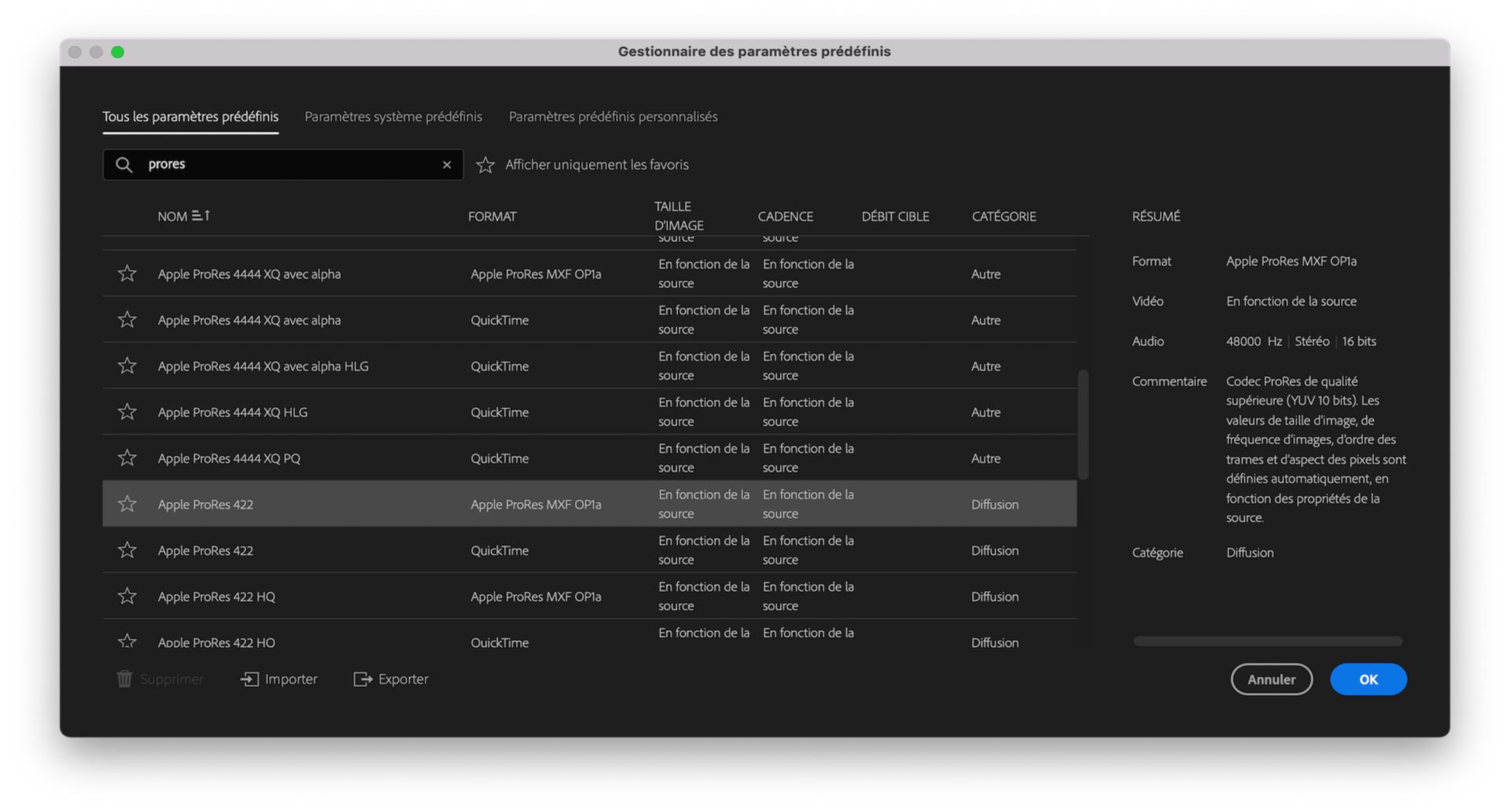 Gestionnaire des paramètres prédéfinis avec option d’exportation dans Premiere Pro
