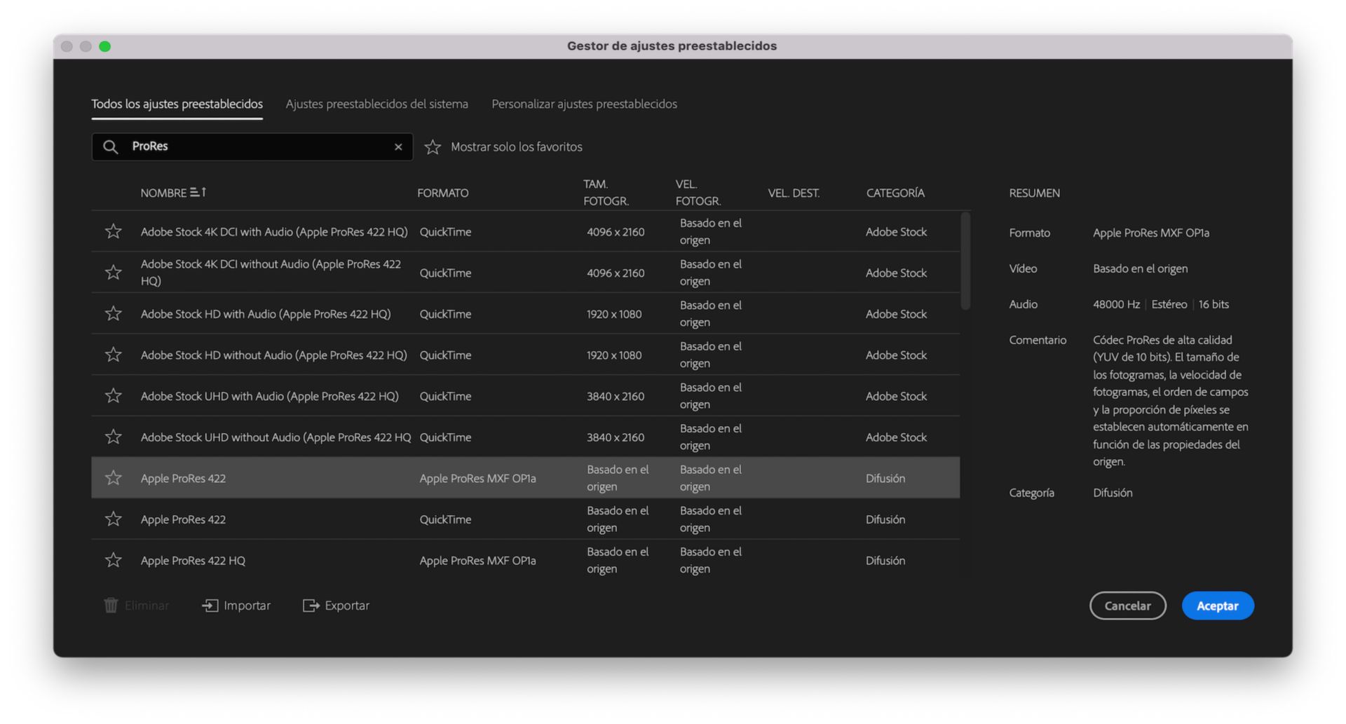 Gestor de ajustes preestablecidos de exportación en Premiere Pro