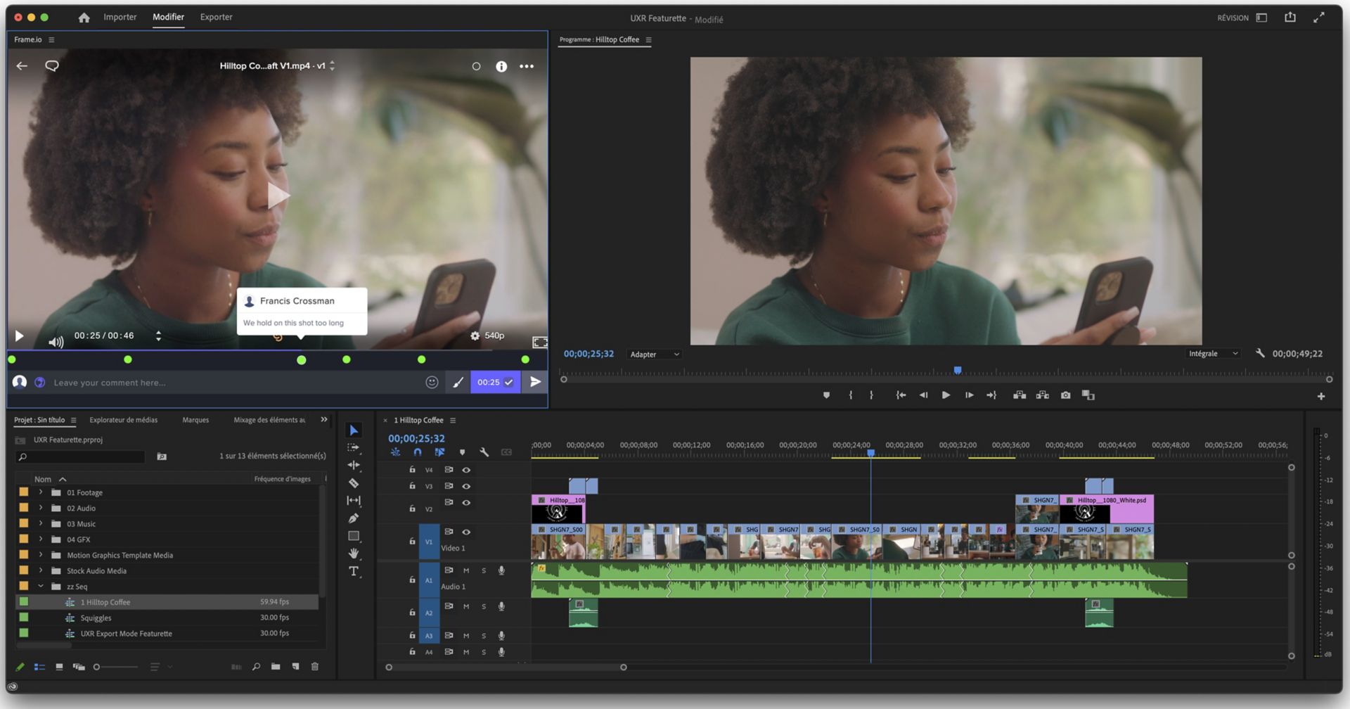 Panneau Frame.io dans Premiere Pro
