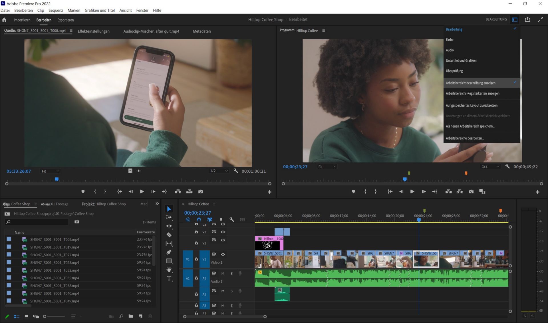 Zugreifen auf Arbeitsbereiche über die Kopfleiste in Premiere Pro