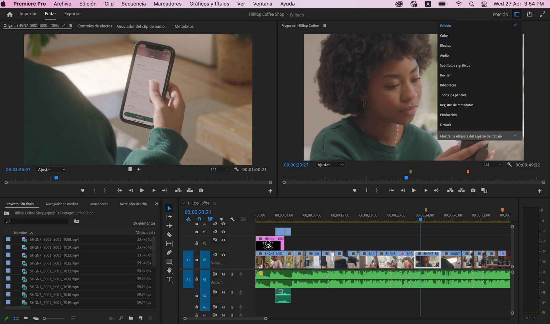 Acceso a los espacios de trabajo desde la barra de encabezado en Premiere Pro