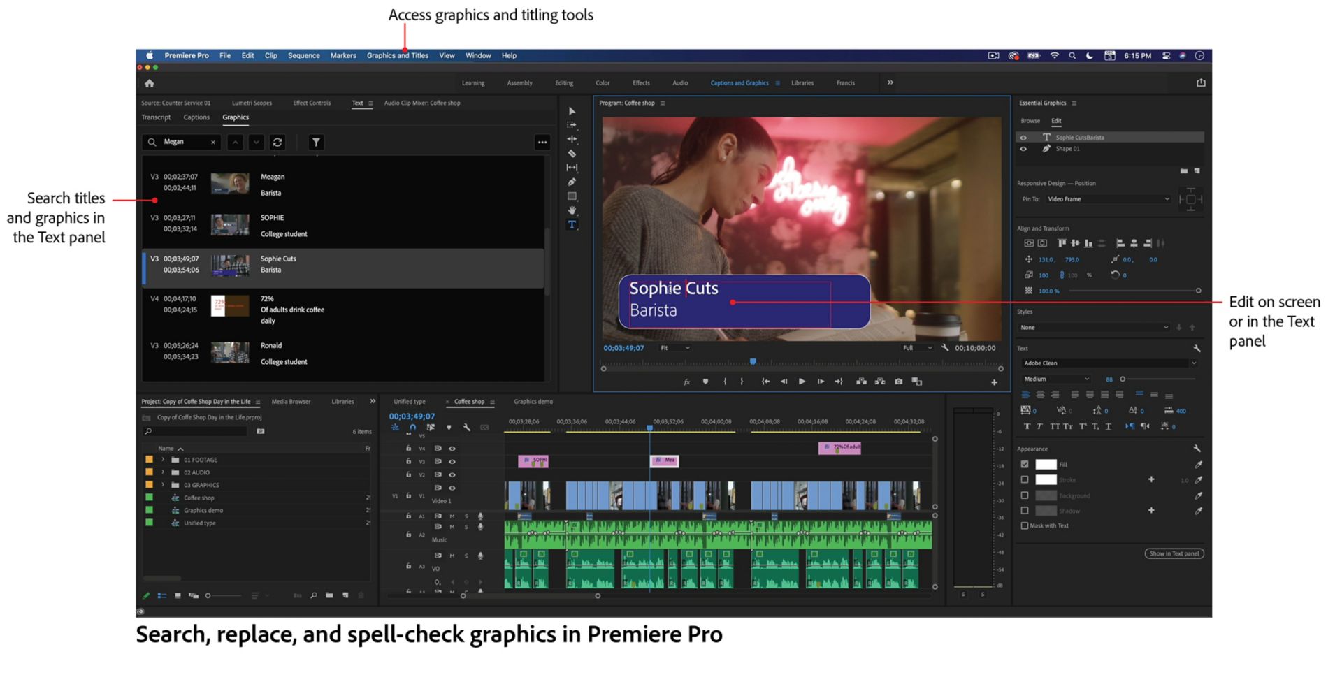 Revisar la ortografía y buscar y reemplazar texto en Premiere Pro