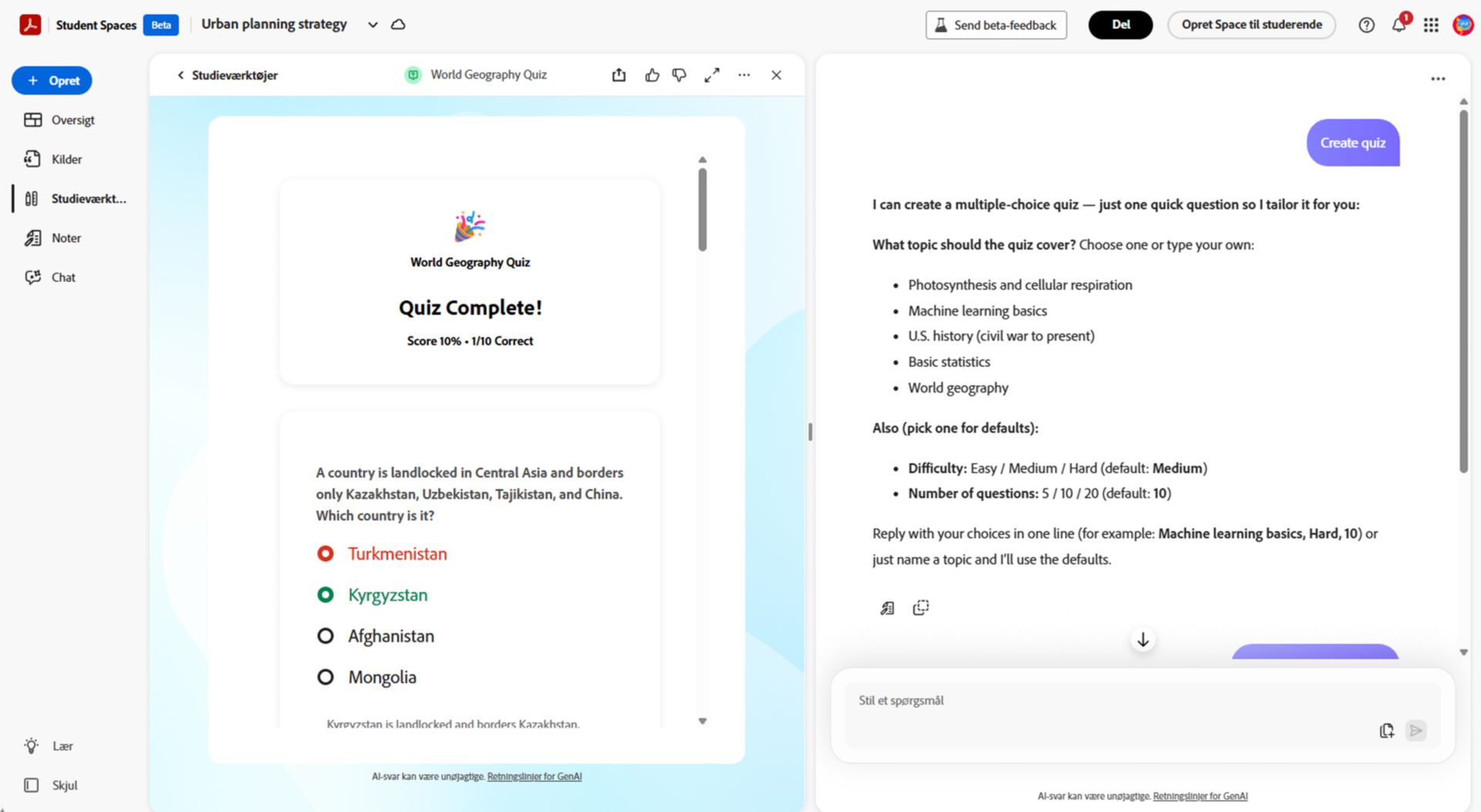 Øvelsesquiz i Student Spaces, der viser et multiple-choice-spørgsmål med en Send-knap, efterfulgt af en resultatvisning, hvor studerende kan gennemgå deres resultat og tjekke svar med linkede kildehenvisninger.