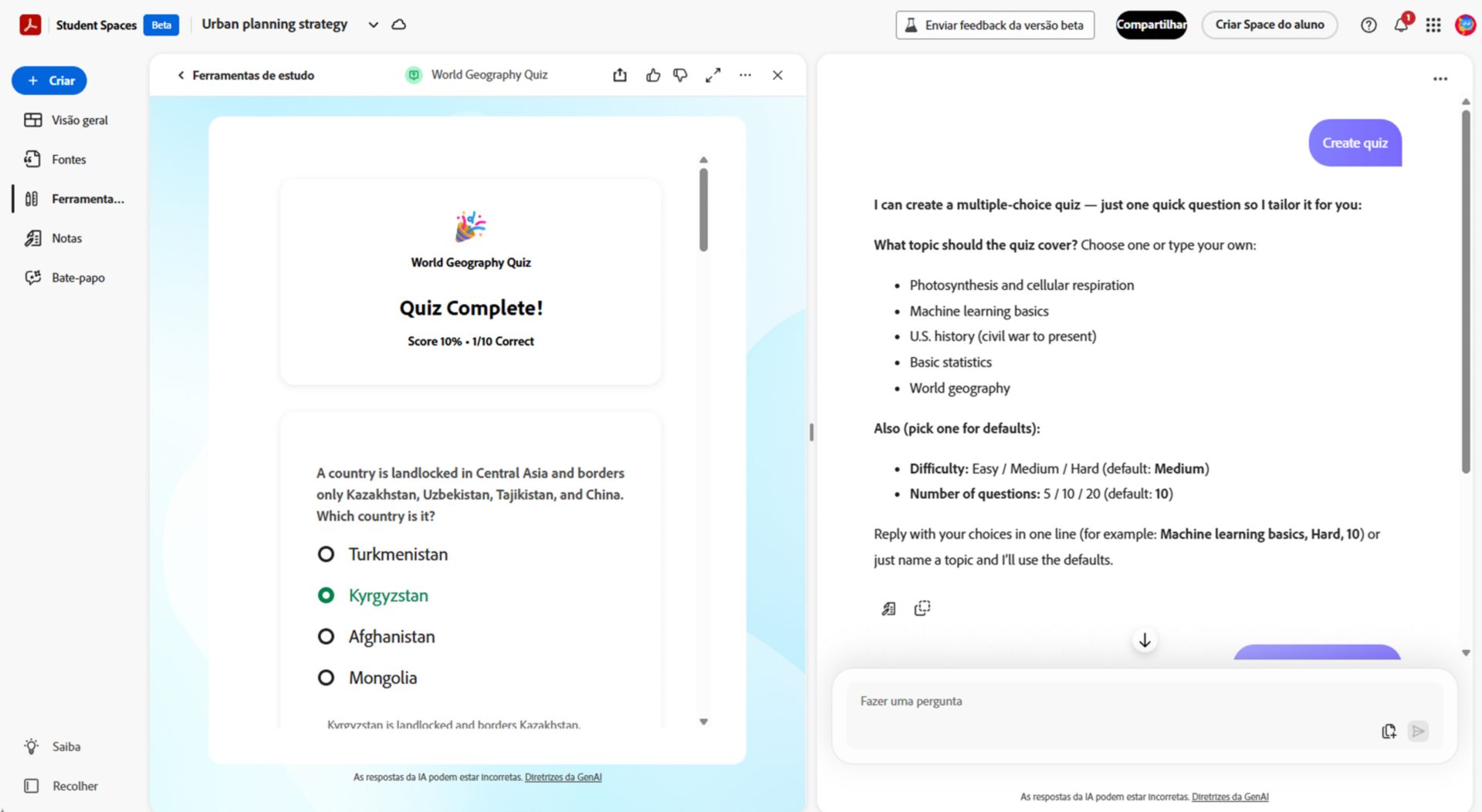 Questionário prático no Student Spaces mostrando uma pergunta de múltipla escolha com um botão Enviar, seguido por uma exibição de resultados onde estudantes podem revisar sua pontuação e verificar respostas com referências de origem vinculadas.