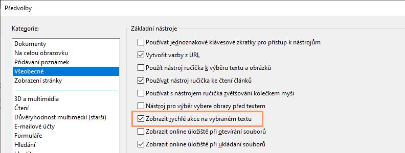 Zobrazení nebo skrytí panelu nástrojů Rychlé akce