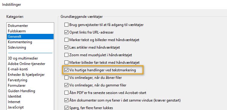 Vis eller skjul værktøjslinjen med hurtige handlinger