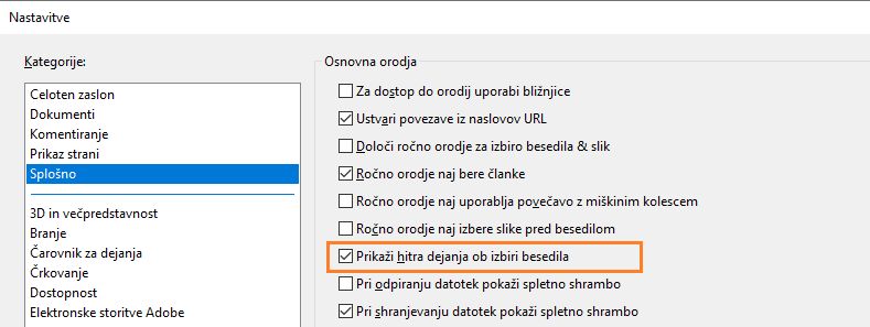 Pokaži ali skrij orodno vrstico za hitra dejanja