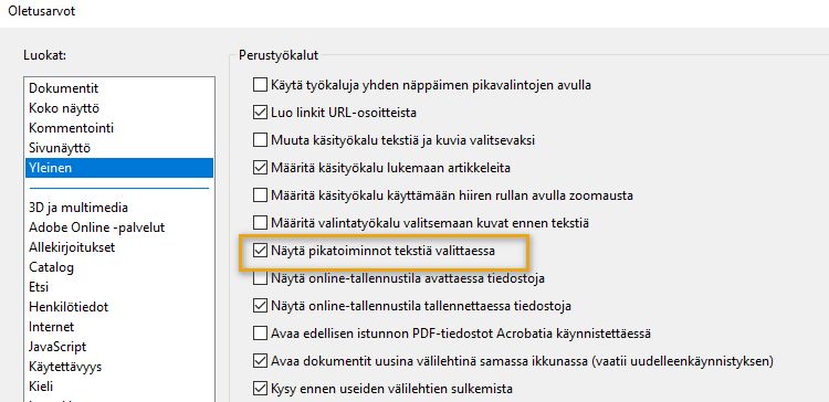 Näytä tai piilota pikatoimintojen työkalurivi