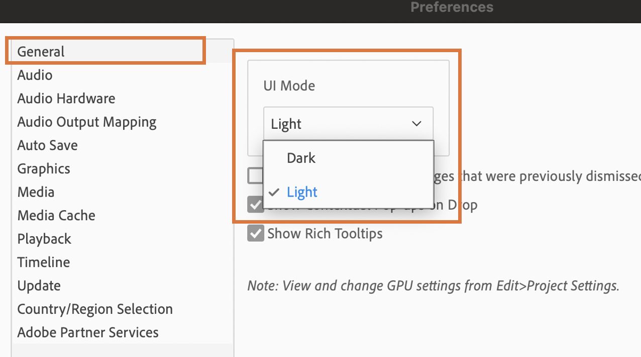 Choose Light or Dark mode in Adobe Premiere Elements.