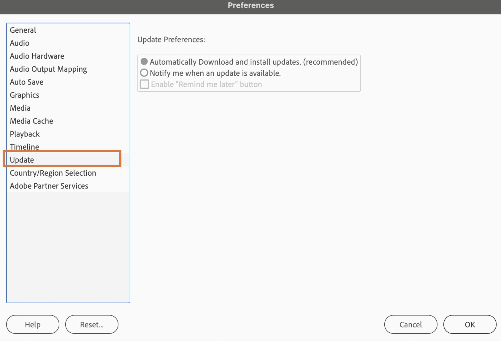 Set Update Preferences