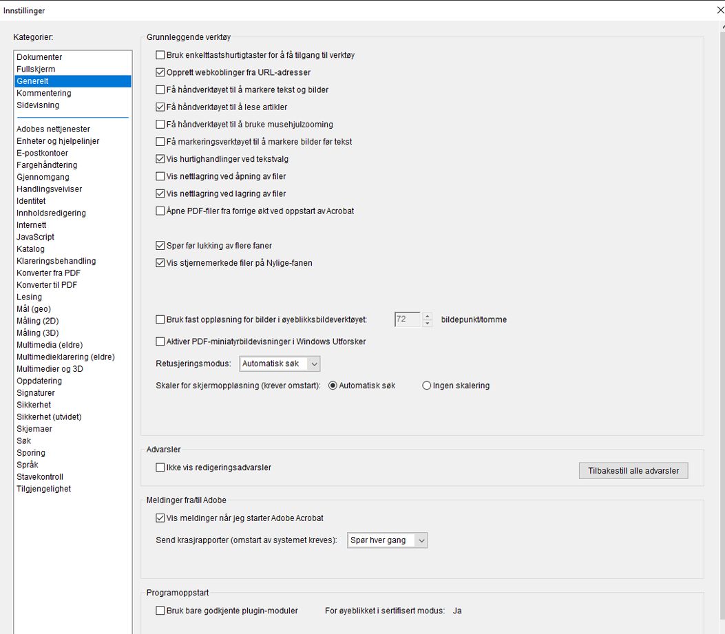 Dialogboksen Innstillinger for Acrobat