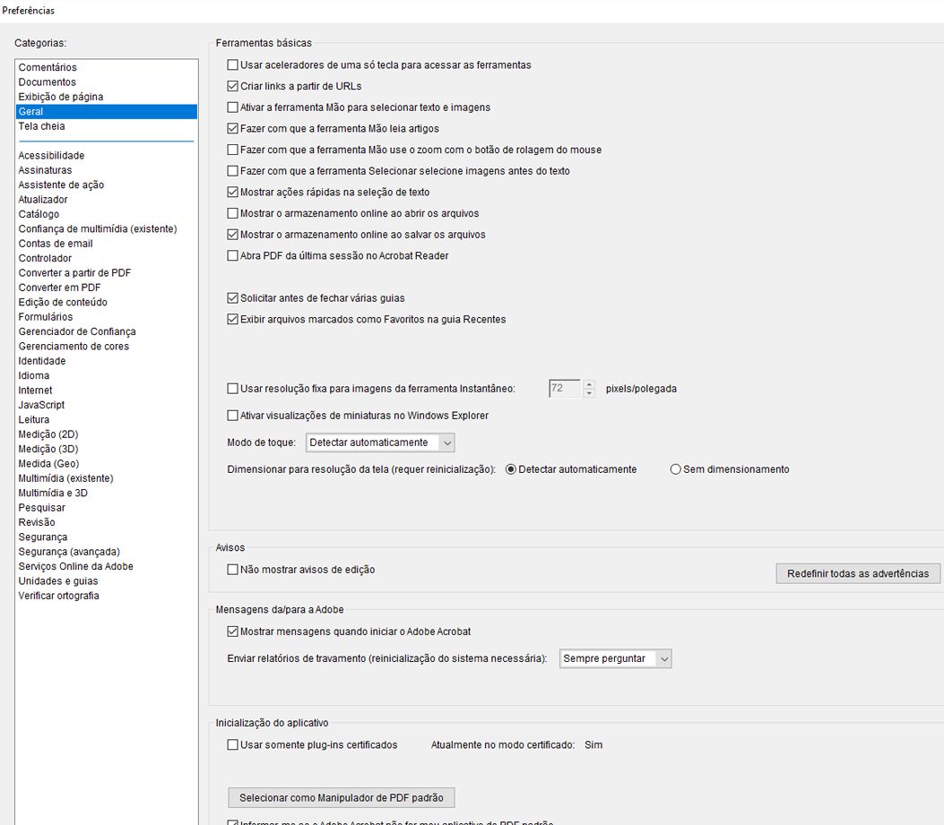 Caixa de diálogo de preferências do Acrobat