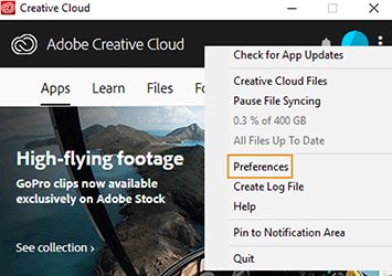 Acessar as Preferências no aplicativo de desktop da Creative Cloud