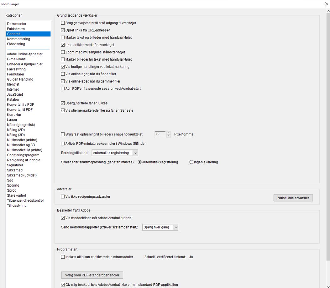 Dialogboksen Acrobat-indstillinger