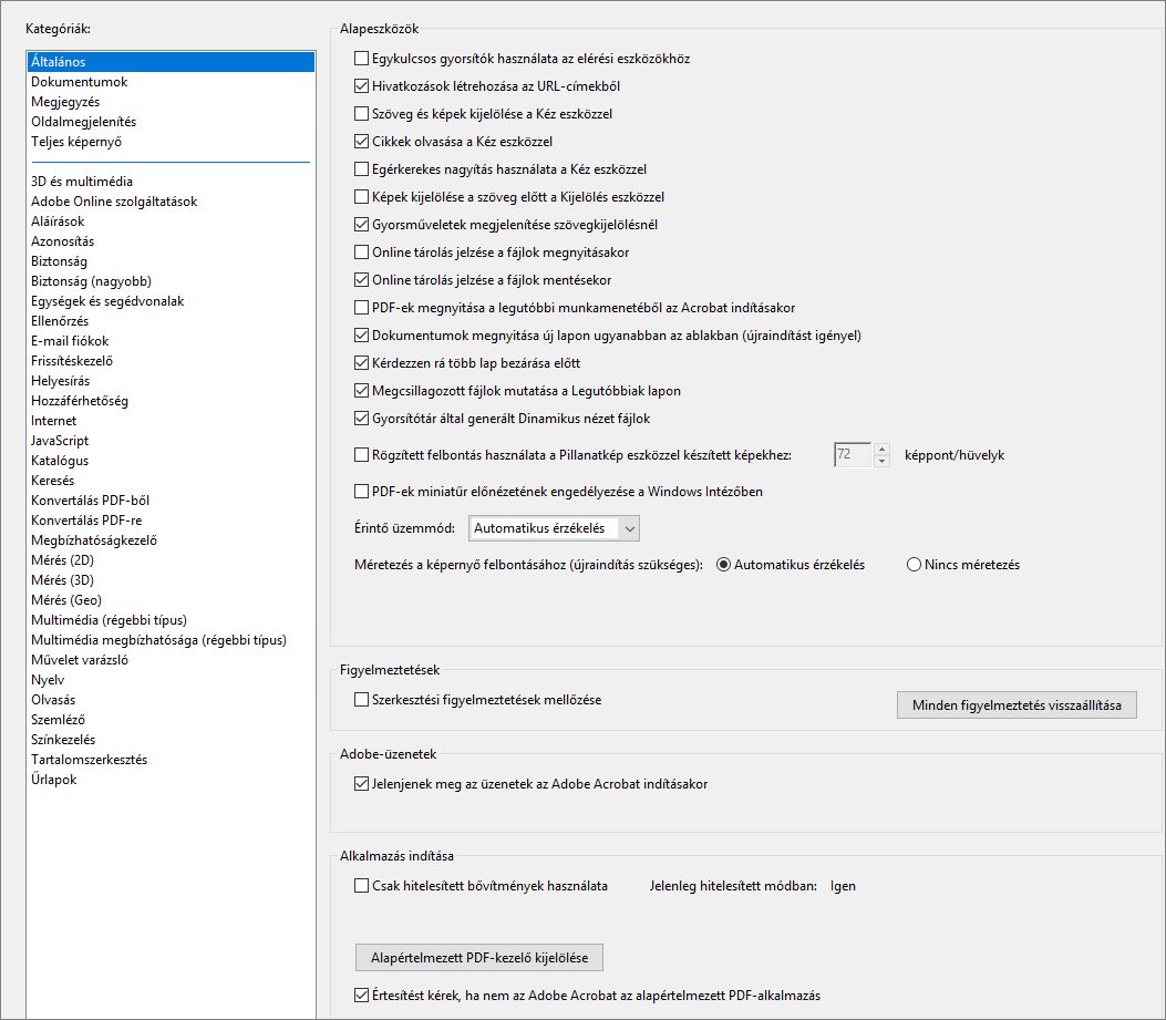 Acrobat beállítások párbeszédpanel