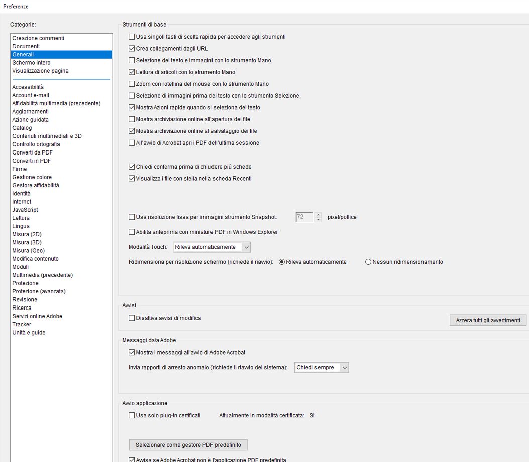 Finestra di dialogo delle preferenze di Acrobat