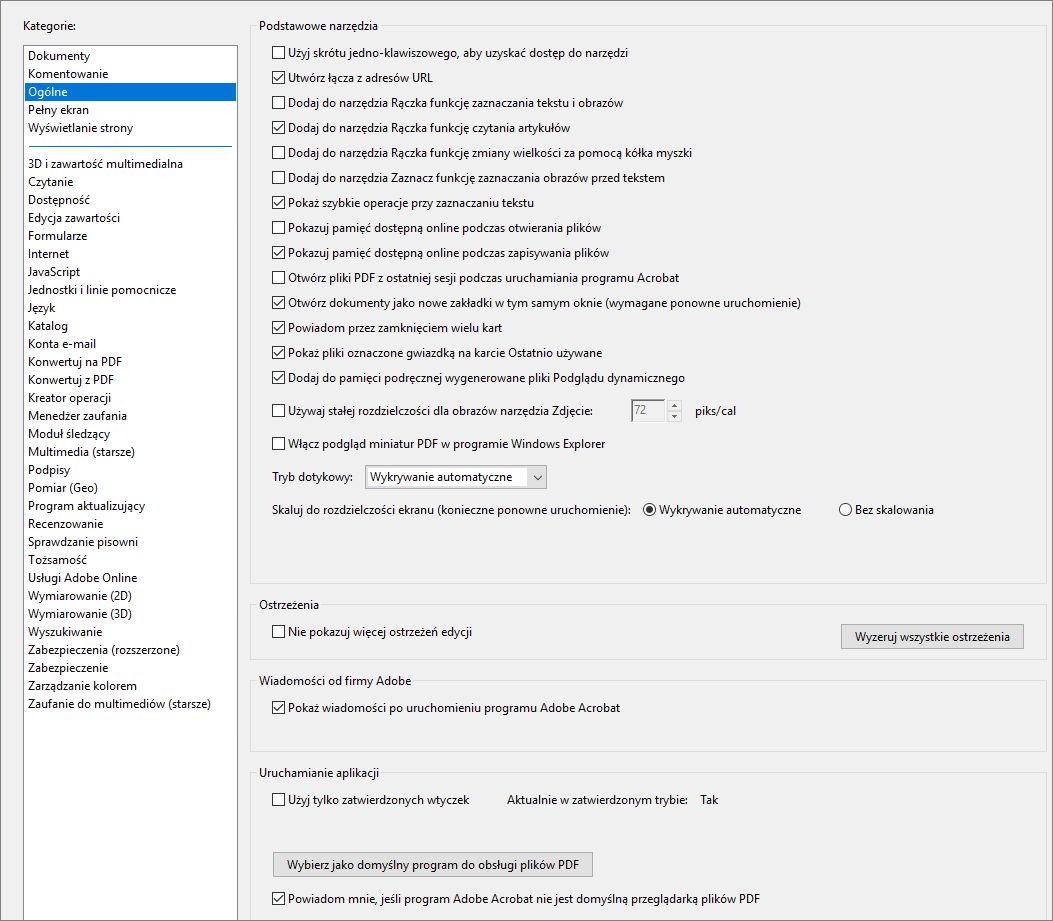 Okno dialogowe Preferencje w programie Acrobat