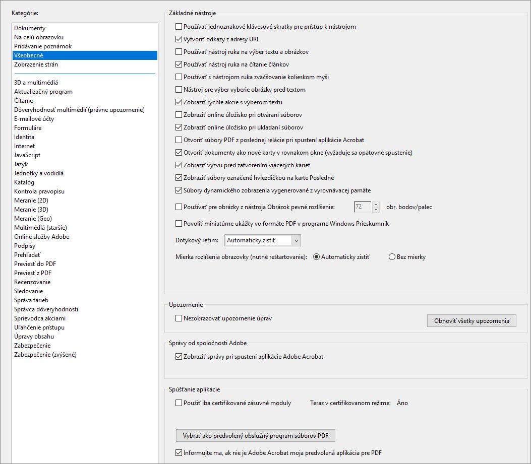 Dialógové okno predvolieb aplikácie Acrobat