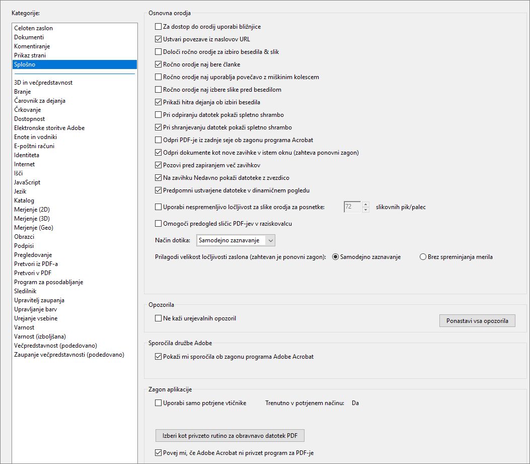 Acrobatovo pogovorno okno z nastavitvami