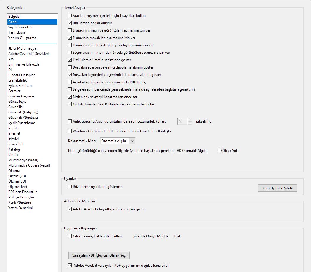Acrobat tercihler iletişim kutusu