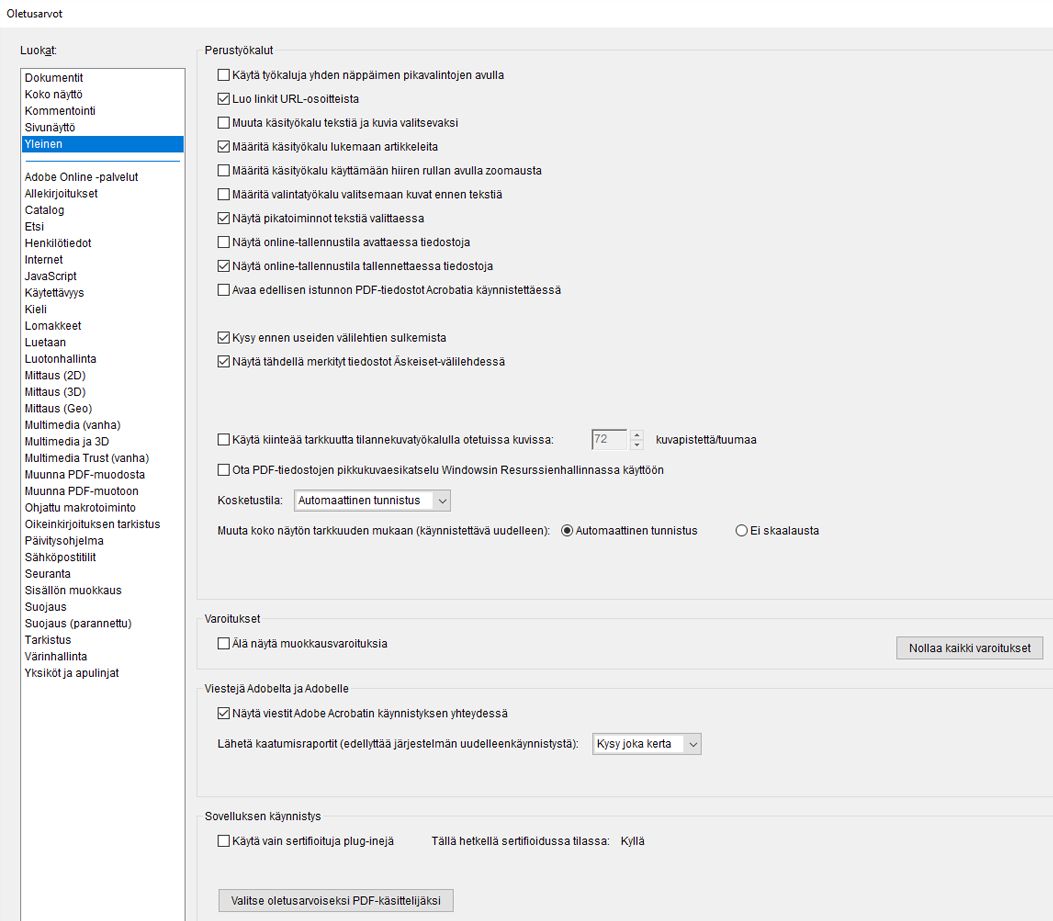 Acrobatin Oletusarvot-valintaikkuna