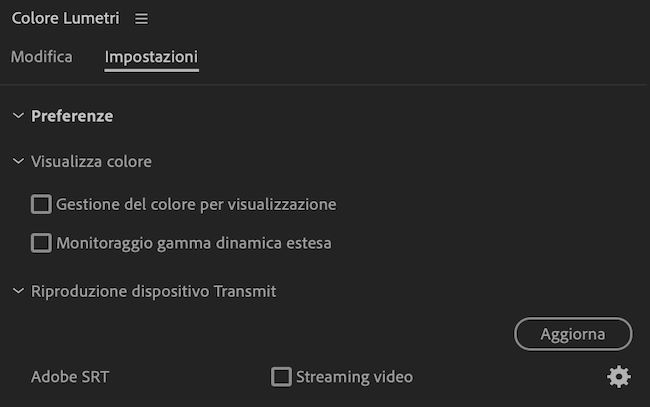 L’interfaccia utente Colore Lumetri mostra le Preferenze in Impostazioni con gestione colore per la visualizzazione e monitoraggio della gamma dinamica estesa.