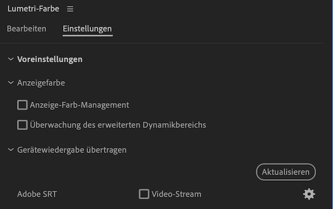 Die Benutzeroberfläche von Lumetri-Farbe zeigt „Voreinstellungen“ unter „Einstellungen“ mit „Anzeige-Farb-Management“ und „Erweiterte Überwachung des dynamischen Bereichs“ an.
