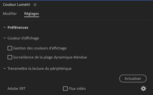 L’interface utilisateur Couleur Lumetri affiche les préférences de Gestion des couleurs d’affichage et de Surveillance étendue de la plage dynamique.