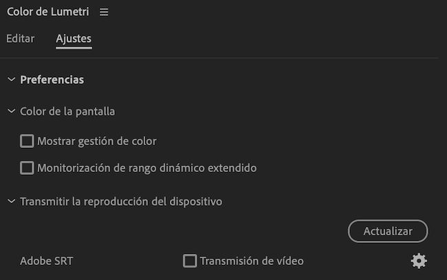 La IU de Color de Lumetri muestra las Preferencias en Configuración con Gestión de color de visualización y Monitorización de rango dinámico extendido.