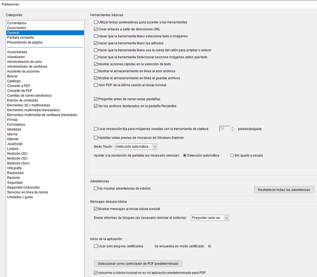 Cuadro de diálogo de preferencias de Acrobat