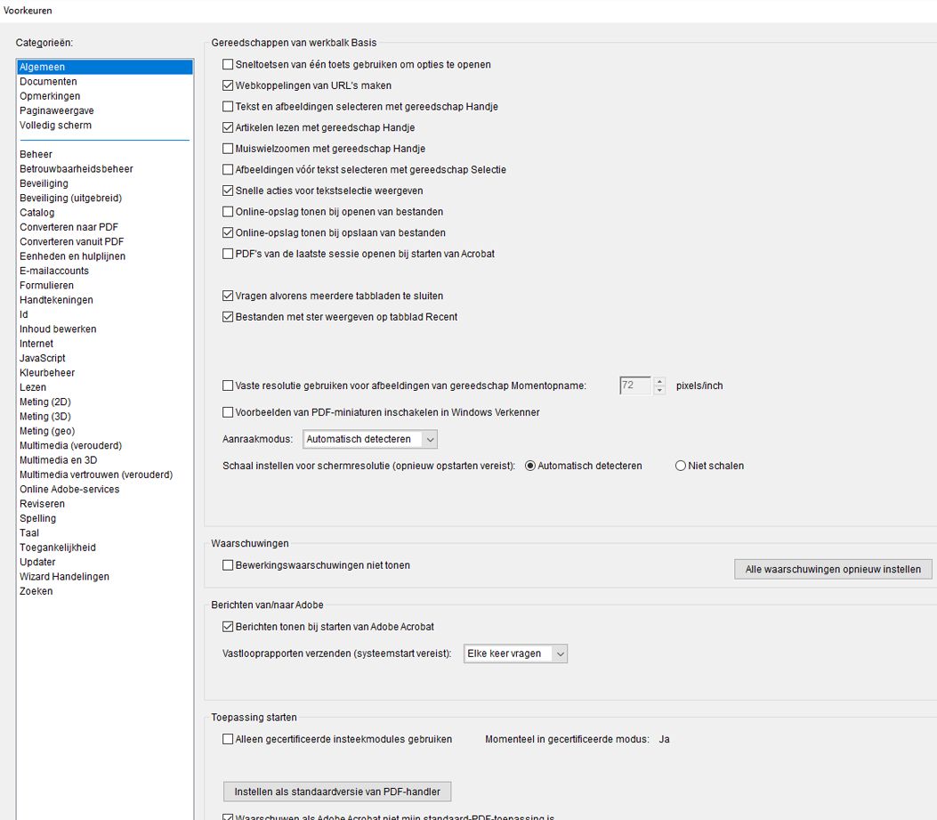 Het dialoogvenster Voorkeuren in Acrobat