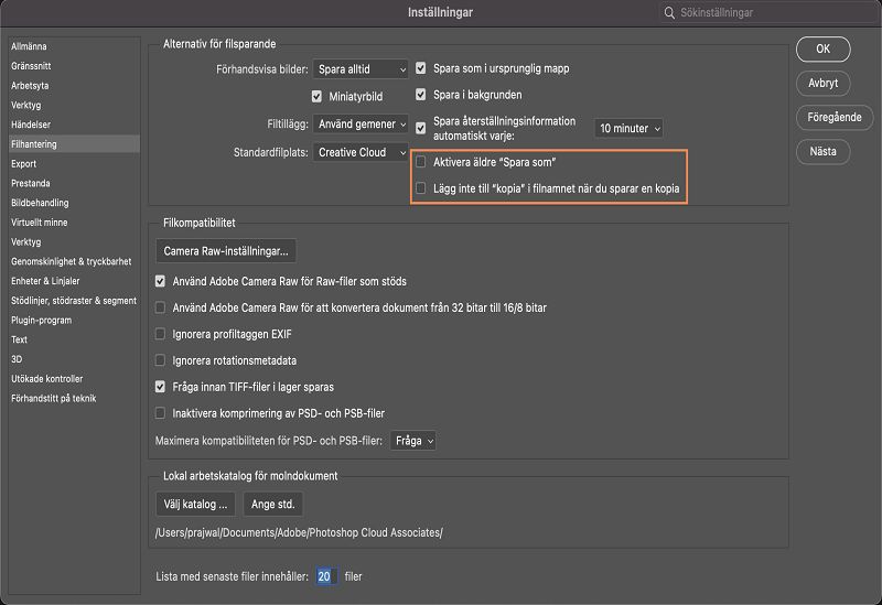 Återgå till det gamla Spara som-arbetsflödet i Photoshop för datorer