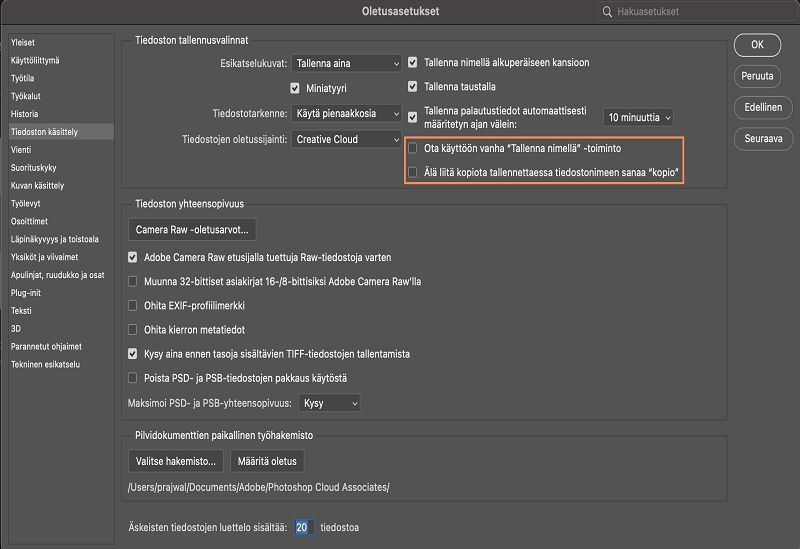 Palaa käyttämään aiemmista versioista tuttua Tallenna nimellä -työnkulkua Photoshopin tietokoneversiossa