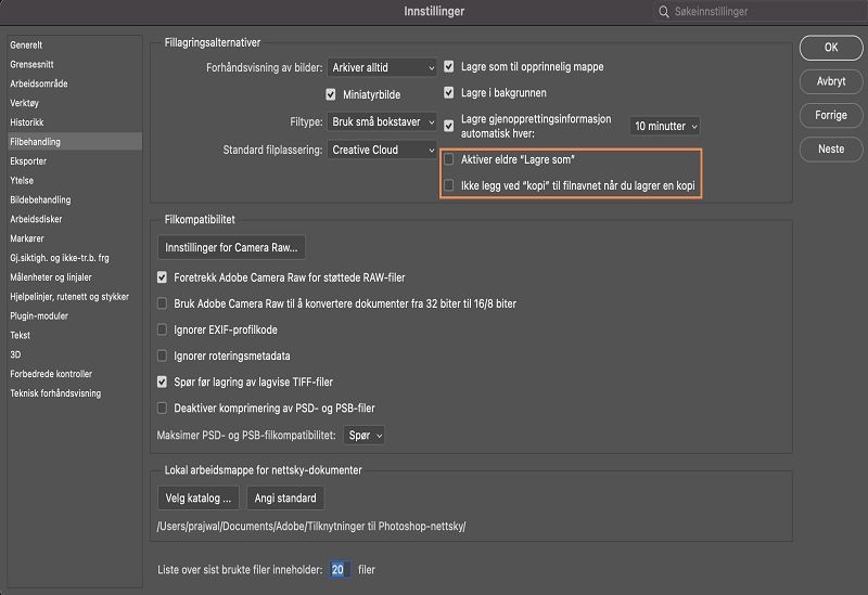 Gå tilbake til eldre Lagre som-arbeidsflyt i Photoshop på datamaskin