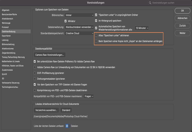 Auf alten Workflow „Speichern unter“ im Photoshop-Desktop zurücksetzen