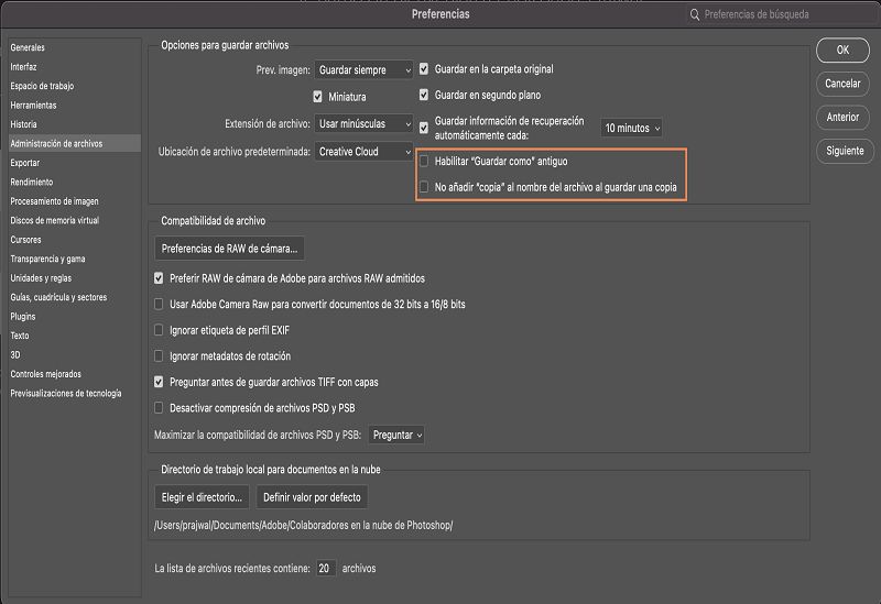 Volver al flujo de trabajo antiguo de Guardar como en Photoshop en el escritorio