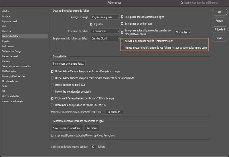 Rétablir le workflow Enregistrer sous hérité dans Photoshop pour poste de travail