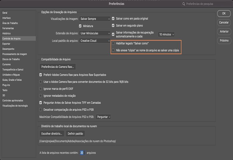 Reverter para o fluxo de trabalho legado Salvar como na área de trabalho do Photoshop