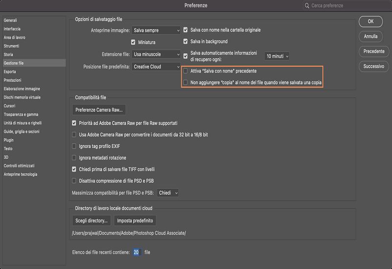 Ripristinare il flusso di lavoro precedente di Salva con nome in Photoshop desktop