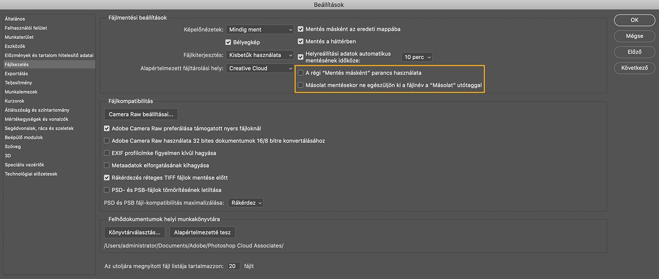 Visszaváltás a korábbi Mentés másként lehetőségre a Photoshop asztali verziójában