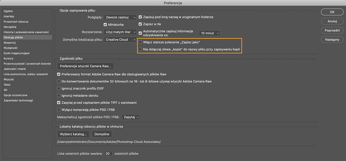 Przywracanie starszego obiegu pracy Zapisz jako w programie Photoshop dla komputerów