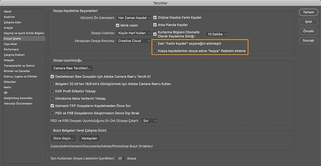 Photoshop masaüstünde eski Farklı Kaydet iş akışına geri dönme