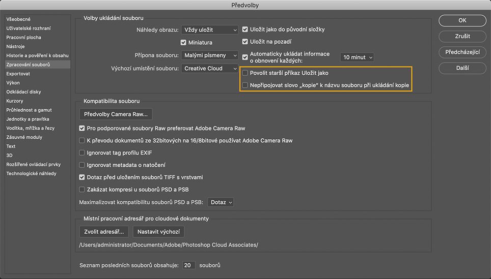 Návrat ke staršímu pracovnímu postupu Uložit jako na ploše aplikace Photoshop