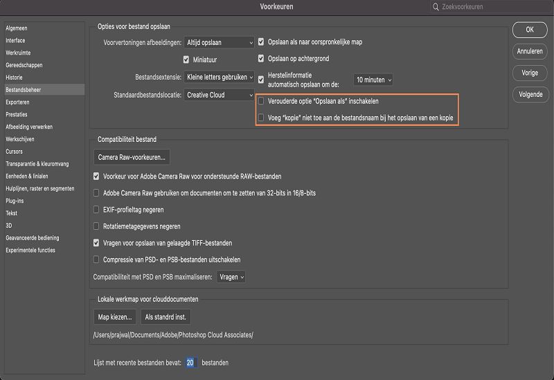 Terug naar de verouderde Opslaan als-workflow in Photoshop op de desktop