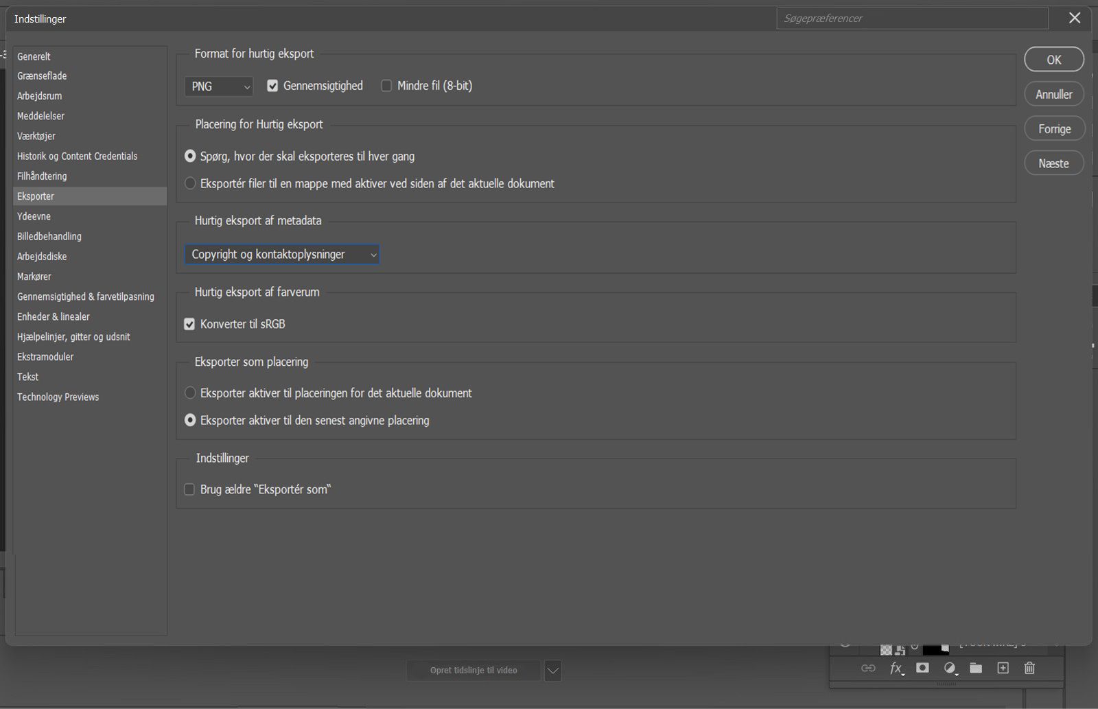 Dialogboksen Præferencer er åben med panelet Eksport valgt, der viser indstillinger for Hurtig eksport-format, lagringsplacering, metadata, farverum og skifteknappen Brug det ældre version af &quot;Eksportér som&quot;.