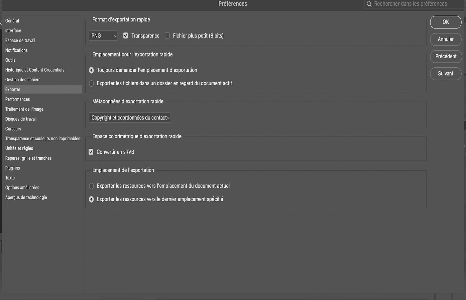 Boîte de dialogue Préférences ouverte avec le panneau Exportation sélectionné, affichant les options pour le format d’exportation rapide, l’emplacement de sauvegarde, les métadonnées, l’espace colorimétrique et la case à cocher Utiliser l’ancienne option « Exporter en tant que ».