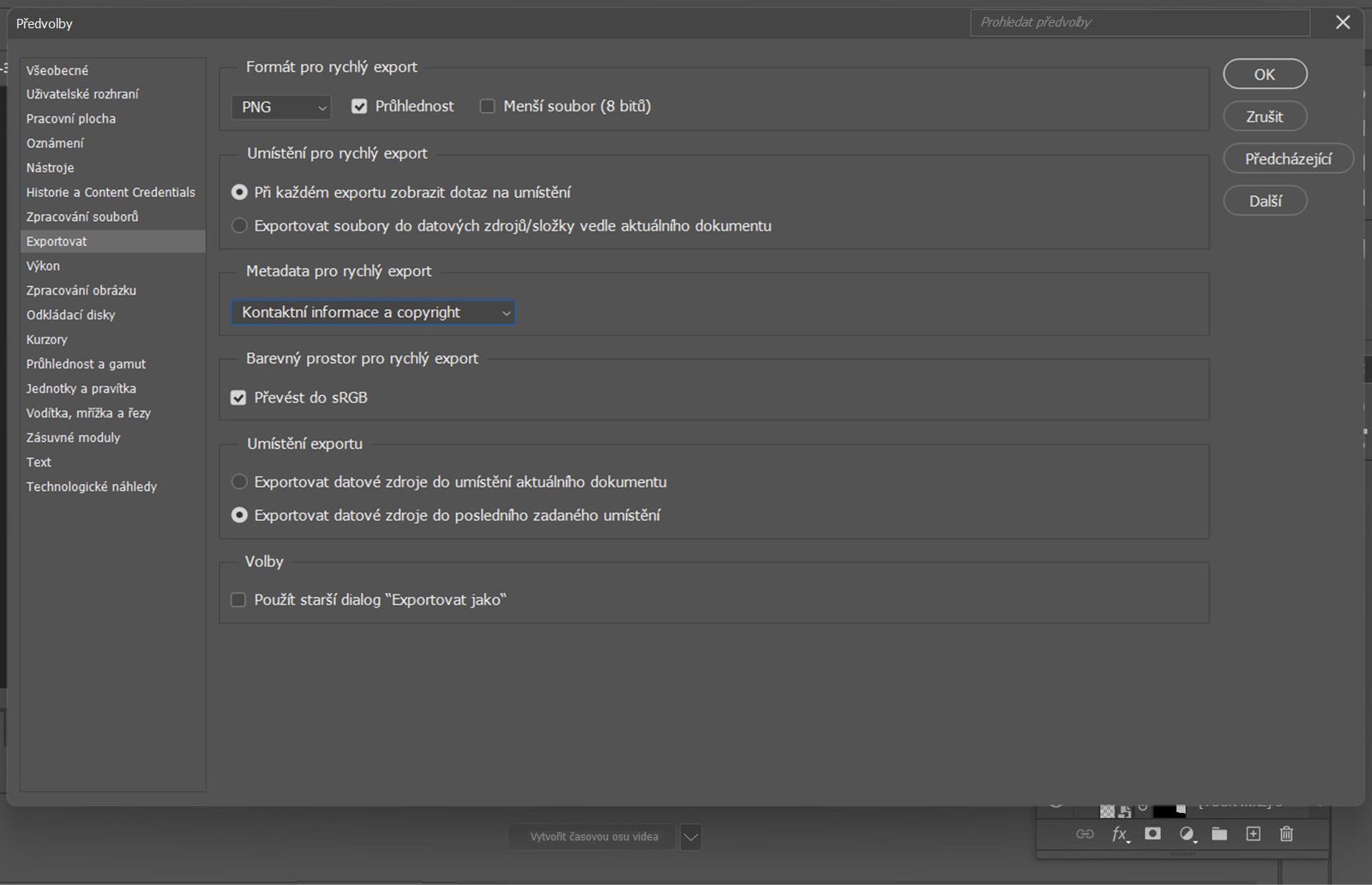 Je otevřeno dialogové okno Předvolby s vybraným panelem Export, zobrazující options pro formát Rychlého exportu, umístění uložení, metadata, Barevný prostor a přepínač pro použití staršího Exportu jako.