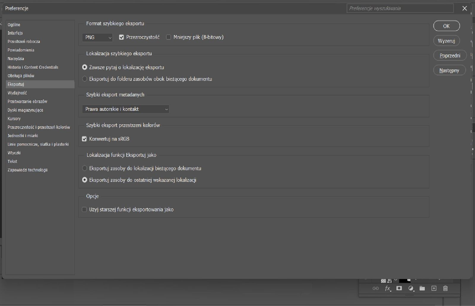 Okno dialogowe Preferencje jest otwarte z wybranym panelem Export, pokazującym opcje formatu Quick Export, lokalizacji zapisu, metadanych, przestrzeni kolorów i przełącznika Use legacy Export As.