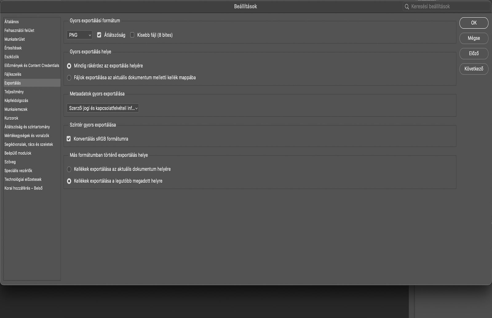 Megnyitott Beállítások párbeszédpanel, amelyen az Exportálás panel van kiválasztva. Ezen a következők láthatók: a Gyors exportálás formátuma, a mentési hely, a metaadatok, a színtér és „A régi „Exportálás ekként” párbeszédpanel használata” választókapcsoló.